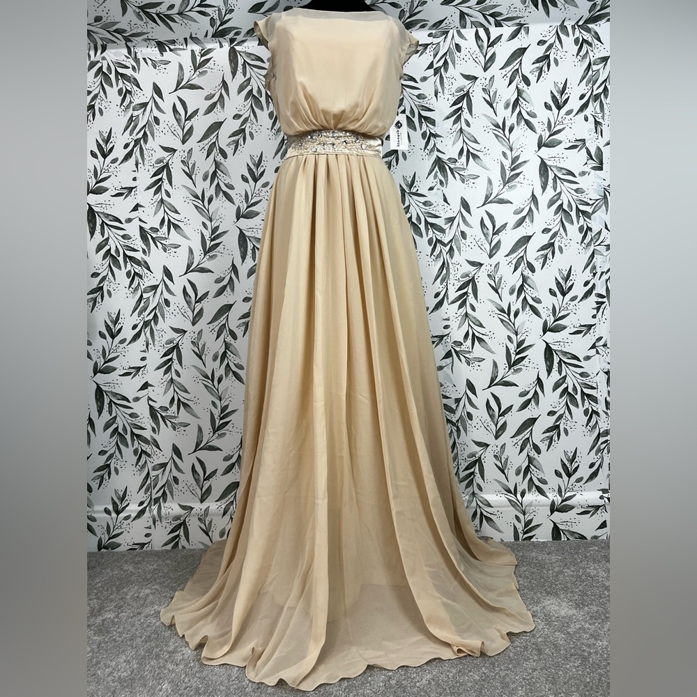 Champagne Prom Evening Gown Beaded Waistband Size M Formal Flowing Skirt NWT #E
